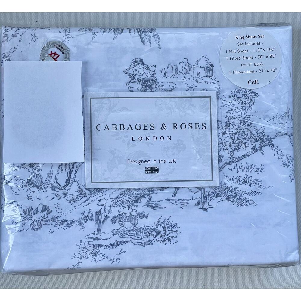 New NWT Cabbages and Roses 4 Pc KING Gray Sheet Set Luxury Cotton French Toile